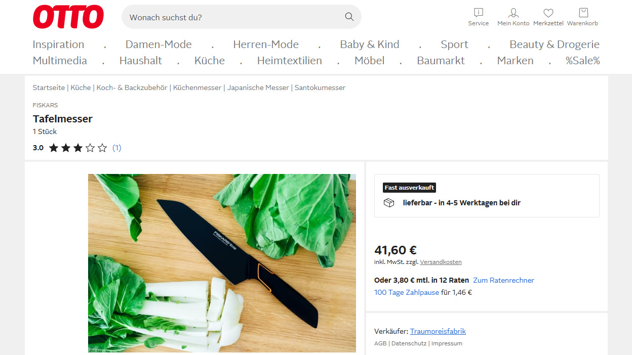Screenshot of the product detail page for a Fiskars kitchen knife on otto.de