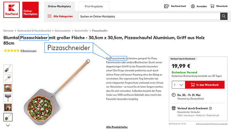 Screenshot of the product detail page for a pizza peel with an incorrect product description on the Kaufland online marketplace
